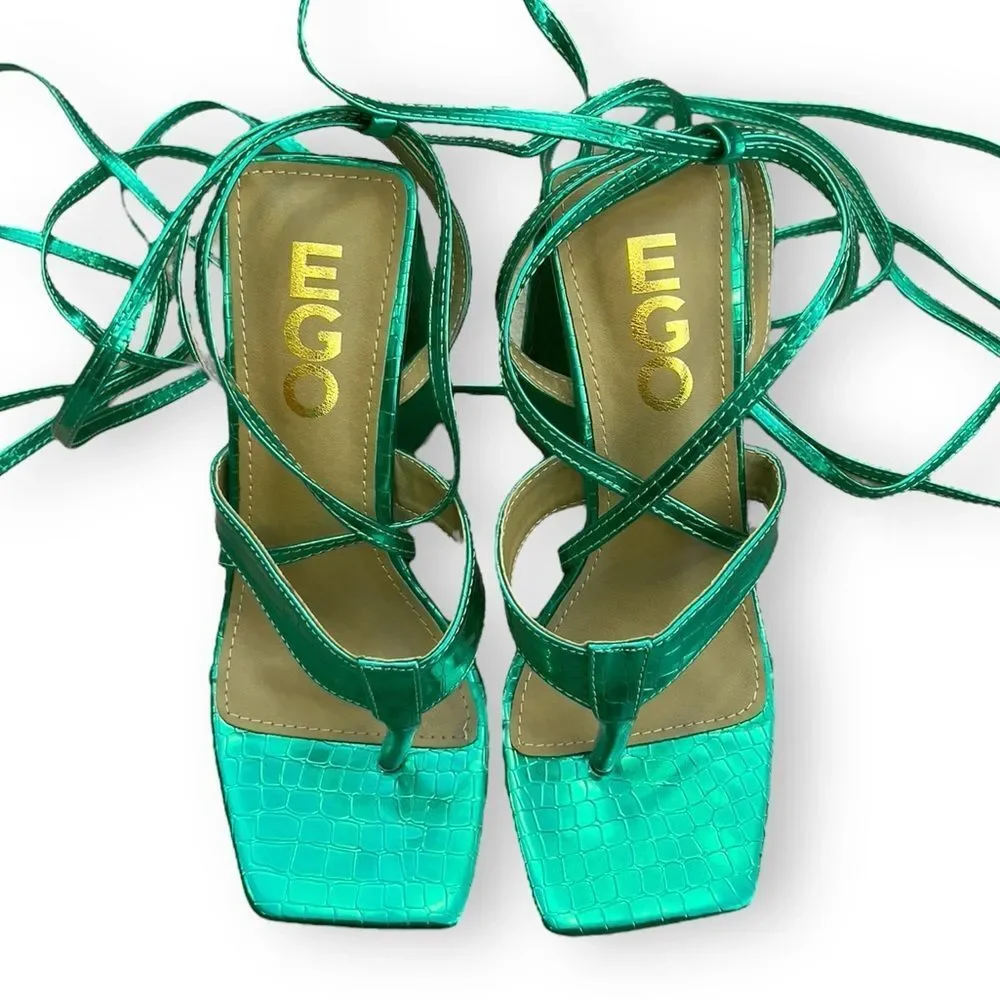 EGO Salma Teal Green Metallic Croc Pyramid Heel Tie Sandals Size 5